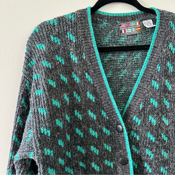 Vintage Cozy Gray and Teal Patterned Unisex Cardigan Sweater - Picture 7 of 8